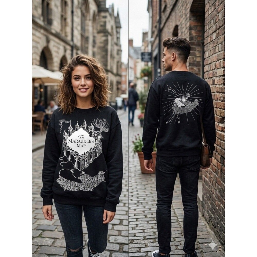 New Harry Potter Marauder’s Map Graphic Prt Black Crewneck Pullover Sweatshirt S
